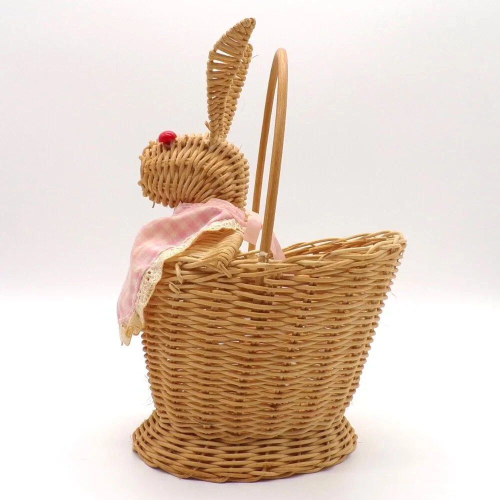 VTG Bunny Rabbit Basket Apron Wicker Woven Cottagecore Kitchen Decor Tabletop